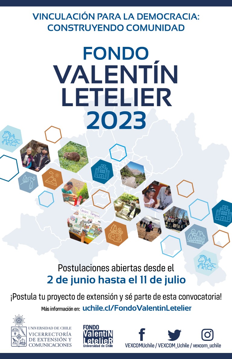 AFICHE de difusión para postular al Fondo Valentín Letelier de la Universidad de Chile para proyectos de extensión.